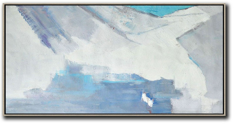 Extra Large Painting,Horizontal Palette Knife Contemporary Art,Canvas Wall Art White,Grey,Blue